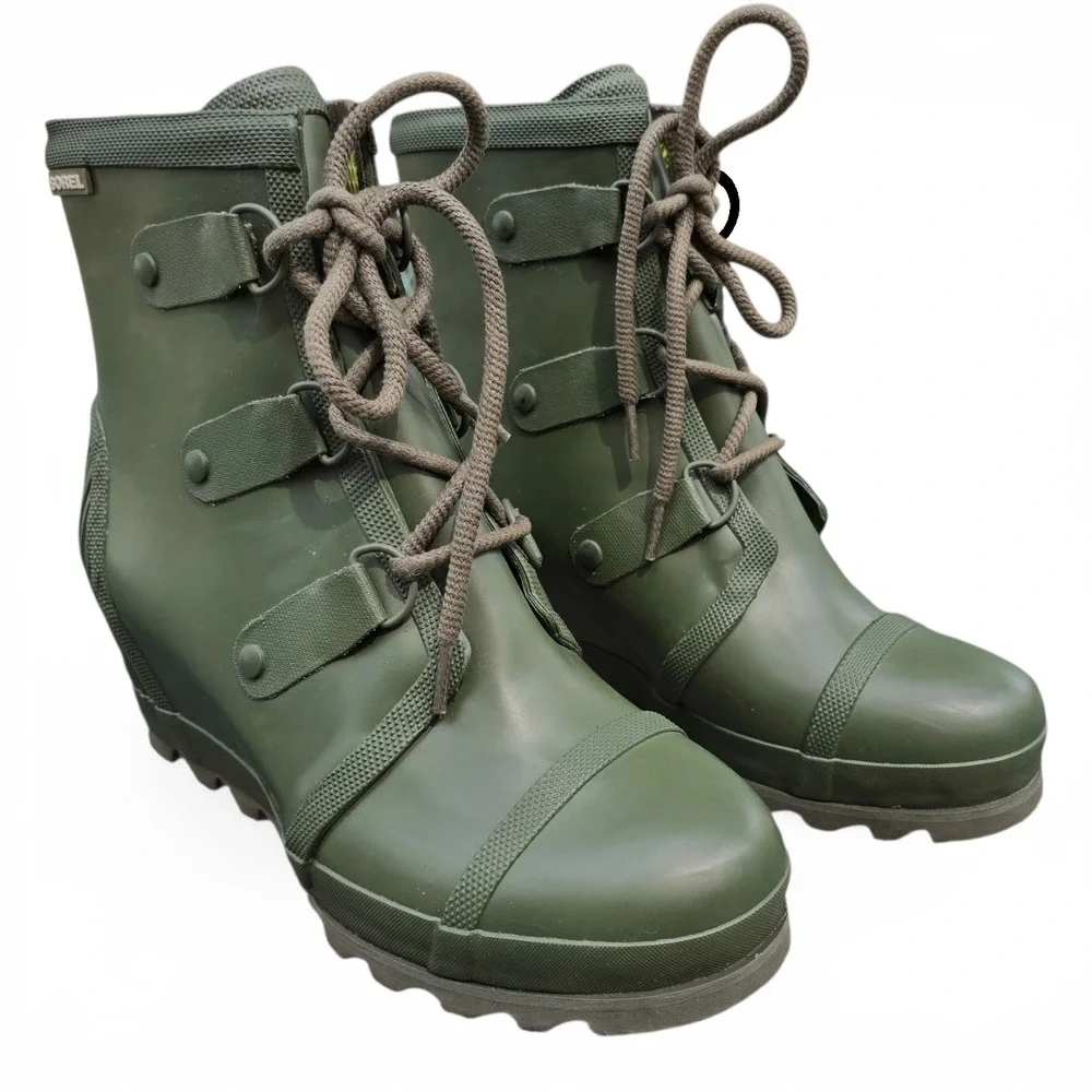 Sorel Joan Rain Wedge Boots Nori Green Olive Size 11 NL2442-383 Rare Excellent